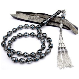 Resim Usta İşi Gümüş ve Firuze İşlemeli Oltu Taşı Tesbih 