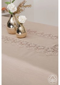 Resim Esra Lüx Dantelli Keten Kumaş Bej Masa Örtüsü 160x230 Cm - 1117 Çok Renkli 