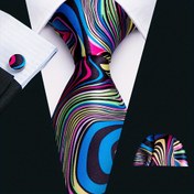 Resim Men's Tie Jacquard Çizgili Kravat Cep Mendili Kol Düğmeleri Seti Resmi İş Düğün Partisi Kravat Seti Erkekler İçin Hediye 