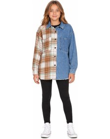Resim İrem Kız Çocuk Yarı Kot Yarı Triko Model Ekose Desenli Çıtçıt Kapamalı Oversize Mavi Kot Gömlek Ceket 