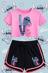 Resim Sttich 3 Baskılı Pembe Crop Siyah Şort Takım 