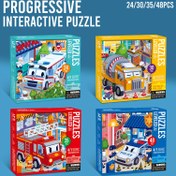 Resim 3-6 Yaş Çocuklar İçin 4 Sahneli Acil Durum Araçları Yapboz Puzzle: İtfaiye Aracı, Polis Arabası, Ambulans ve İnşaat Kamyonu - En İyi Hediye 