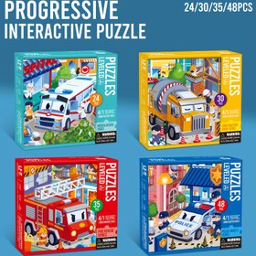 Resim 3-6 Yaş Çocuklar İçin 4 Sahneli Acil Durum Araçları Yapboz Puzzle: İtfaiye Aracı, Polis Arabası, Ambulans ve İnşaat Kamyonu - En İyi Hediye 