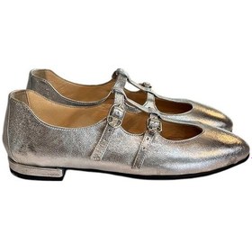 Resim Tufan Shoes Gümüş Hakiki Deri Çift Bantlı Babet Ayakkabı GÜMÜŞ 