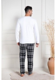 Resim Mecit Pijama Mecit 3082 Erkek Beyaz Ekoseli Büyük Beden Pijama Takımı Beyaz 