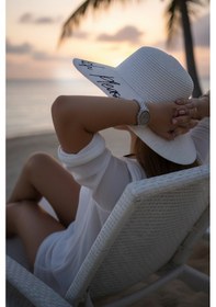 Resim Beach Please Plaj Sahil Lütfen Motto Yazılı Yazlık Tatil Deniz Güneş Geniş Hasır Şapka Beyaz 