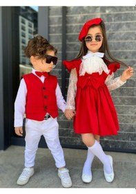 Resim Modavals Kardeş Kombi̇n Dantelli̇ Brode Broşlu Kız Çocuk Fırfırlı Slopet-Kırmızı 