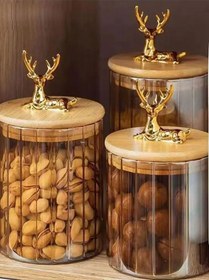 Resim 3'lü Borosilikat Cam Geyik Figürlü Şık Çizgili Cam Kavanoz Mutfak Seti 500-750-1000 Ml Şeffaf 