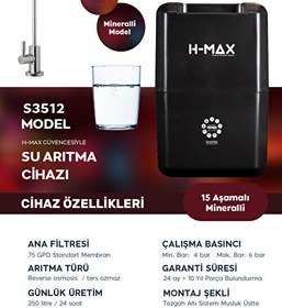 Resim H-MAX 8 Litre 15 Aşama Mineralli 75 GPD Su Arıtma Cihazı HMAXS3512 