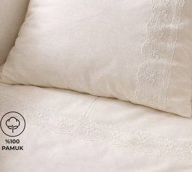 Resim Argimo %100 Pamuk Bunny Beşik Bebek 7 Parça Fransız Güpürlü Uyku Seti Krem 