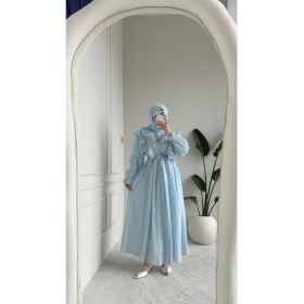 Resim Esra Butik Bebe Mavisi Fırfır Detaylı Kuşaklı Astarlı Tensel Tesettür Elbise 