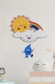 Resim Sevimli Bulut, Güneş ve Gökkuşağı Çocuk Odası Ahşap Duvar Saati ELF-2312025 