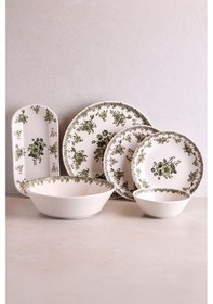 Resim Antik Yeşil 27 Parça 6 Kişilik Seramik Yemek Takımı Vintage Çiçek Desenli Yuvarlak Servis Seti Yesıl Yeşil 