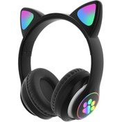 Resim Polygold Siyah Kedi Kulak Led Işıklı Kablosuz Bluetooth Mikronlu Hafıza Kartı Girişli Kulaklık 