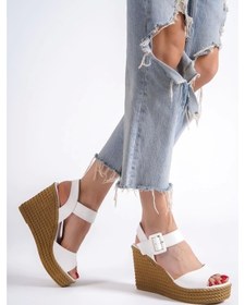 Resim Perla Tokalı Lastikli Dolgu Topuklu Ortopedik Taban Hasır Görünümlü Kadın Sandalet Ckt - Beyaz Beyaz 