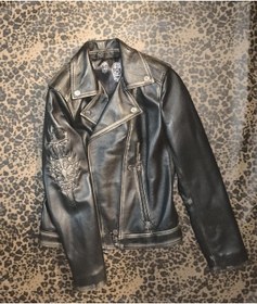 Resim Nyc Giyim Tekstil & Deri Hakiki Deri Kadın Ceket Slim-fit Biker Şeytan Figürlü Mont Siyah - Kahverengi 