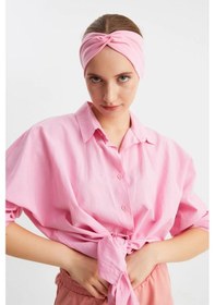 Resim Butik Çapraz Bağlamalı Kadın Bandana Saç Bandı, Kaymaz Yumuşak Esnek%100 Pamuklu Penye - Tek Ebat / Pembe Pembe 