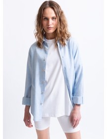 Resim Keten Kadın Gömlek Mavi 