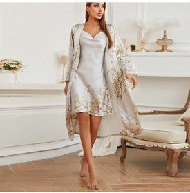 Resim Kadın Dört Mevsim Bornoz Seti Gecelik İki Parçalı Set İnce Stil Dış Giyim Orta Uzun Stil Pijama Kiraz Kırmızı 