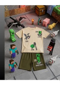 Resim Cg Kids Minecraft Erkek Çocuk Tshirt & Şort Alt Üst Takım Süper Kalite Sırt Baskı Detay Krem - Kahverengi 