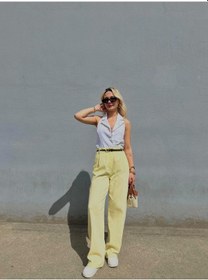 Resim Kadın Keten Kemerli Pantolon Sarı Sarı 