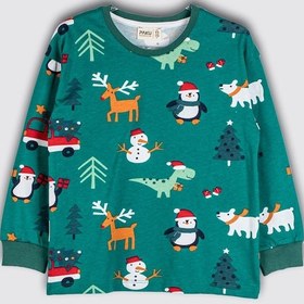 Resim Zuzunga Sevimli Kardan Adam-penguen Desenli %100 Pamuk Unisex Çocuk Pijama Takımı Yeşil 