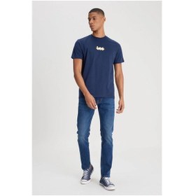 Resim Loose Fit Erkek Lacivert Bisiklet Yaka Tişört 