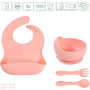 Resim Jojobebek Çocuk Silikon Mama Önlüğü, Silikon Vakumlu Kase, Silikon Kaşık Ve Çatal / Pembe 