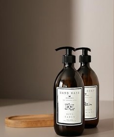 Resim KHAKMA Oval Ahşap Stantlı 2'li Amber Cam Sıvı Sabun Bulaşık Deterjanı Şişesi Sabunluk 500ml BB HD ST 