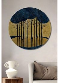 Resim Büyülü Mavi Orman Sulu Boya Görünümlü Ahşap Tablo Yuvarlak Duvar Tablosu 31-47346 - 20 X 20 