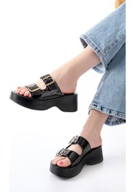 Resim 24414-574 Siyah Rugan Günlük Tokalı Dolgu Topuk Kadın Terlik Taba 