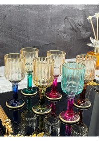 Resim 6 Lı Cam Yaldızlı Renkli Kahve Yanı Su Bardağı Kadeh Kupa Bardak 