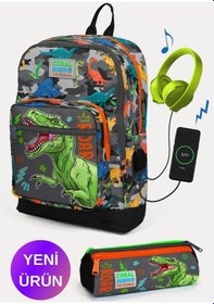 Resim Siyah Gri Dinozor Desenli Coral High Kids Usb'li 2'li Okul Çanta Seti Goset0223844 