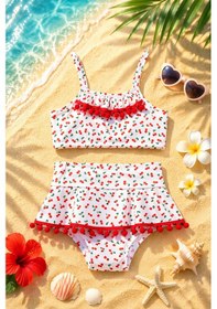 Resim Beniizle Kiraz Desenli Baskılı Kız Çocuk Mayo Bikini Takım Beyaz 