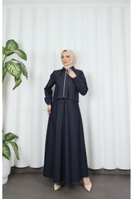 Resim HNT Hayrunnisa Tesettür Ceketli Jile Elbise Tansel Kot Takım Lacivert HNT8552 