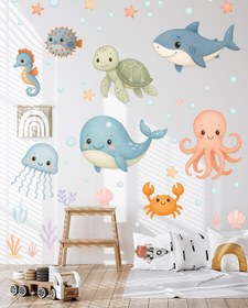 Resim Sevimli Pastel Deniz Canlıları – Balık, Yengeç, Ahtapot, Kaplumbağa Duşakabin & Banyo Duvar Sticker Seti - 113x30 cm / Karışık Renkli / Deniz Canlıları 