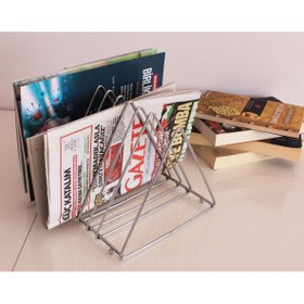 Resim MsY TREND 9 Gözlü Üçgen Masaüstü Gümüş Metal Organizer Büyük Dergilik-plaklık-vinil-gazetelik-kitaplık 