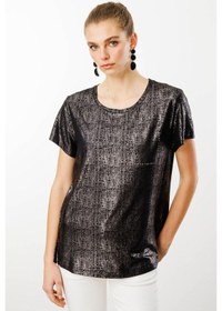 Resim Kadın Sıfır Yaka Düşük Kollu T-shirt Siyah SIYAH 