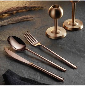 Resim Arsel Lotus Titanyum Rose Gold 72 Parça Parlak Bakır Renk Çatal Kaşık Bıçak Takımı 304 Kalite 4mm Set Gümüş 
