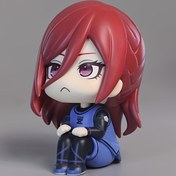 Resim Kırmızı Saçlı Oturan Pozda Chibi Tarzı Koleksiyonluk Figür ve İfadeli Gözler & Mavi Giysi - Sevimli Masaüstü Dekoru için Cadılar Bayramı, Paskalya, Noel Hediyeleri, Makine Kılıf Süsü 