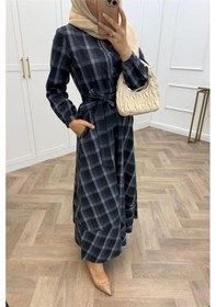 Resim Neşeli Butik Kadın Ekose Desenli Düğme Detaylı Tesettür Elbise Nms076 Lacivert 