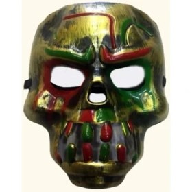 Resim Kırmızı Kanlı Dişli Dracula Kafatası Maskesi Altın Renk 