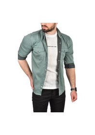 Resim Deepsea Erkek Yeşil Slim Fit Pamuklu Cepli Kot Gömlek Çıtçıtlı Uzun Kollu Spor Gömlek 2502503 Yeşil 
