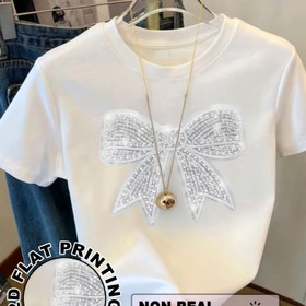 Resim Normal Beyaz - Gerçek Nakışsız 2D Düz Baskı Sentetik Taşlı Fiyonk Desenli Kadın Tişört 