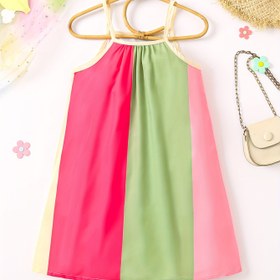 Resim Kızlar için canlı çizgili kolsuz elbise - Pembe ve turuncu dikey çizgili, elastik bel, yaz için A-Line mini sundress, rahat şıklık, özel giyim | Canlı çizgili elbise | Esnek olmayan kumaş, sevimli elbise 