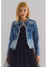 Resim Bold & Young Kadın Yağ Yeşili Power Strech Çıt Çıtlı Slim Fit Denim Ceket mavi 