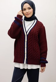 Resim Tesettür Dünyası Saç Örgü Desenli Triko Hırka TSD250255 Bordo 