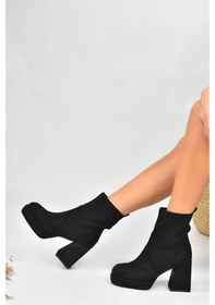 Resim Fox Shoes Siyah Süet Platform Topuklu Triko Kadın Bot L282190602 