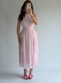 Resim Şifon Drape Yaka Fırfırlı Elbise Pudra 