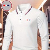 Resim Erkekler için şık uzun kollu polo tişört - Deniz mavisi, kırmızı ve beyaz detaylı, geometrik desenli, golf, rahat giyim ve iş kıyafetleri için uygun, tüm mevsimler için uygun fit, golf kıyafeti | Şık uzun kollu | Rahat fit, golf tişörtü 
